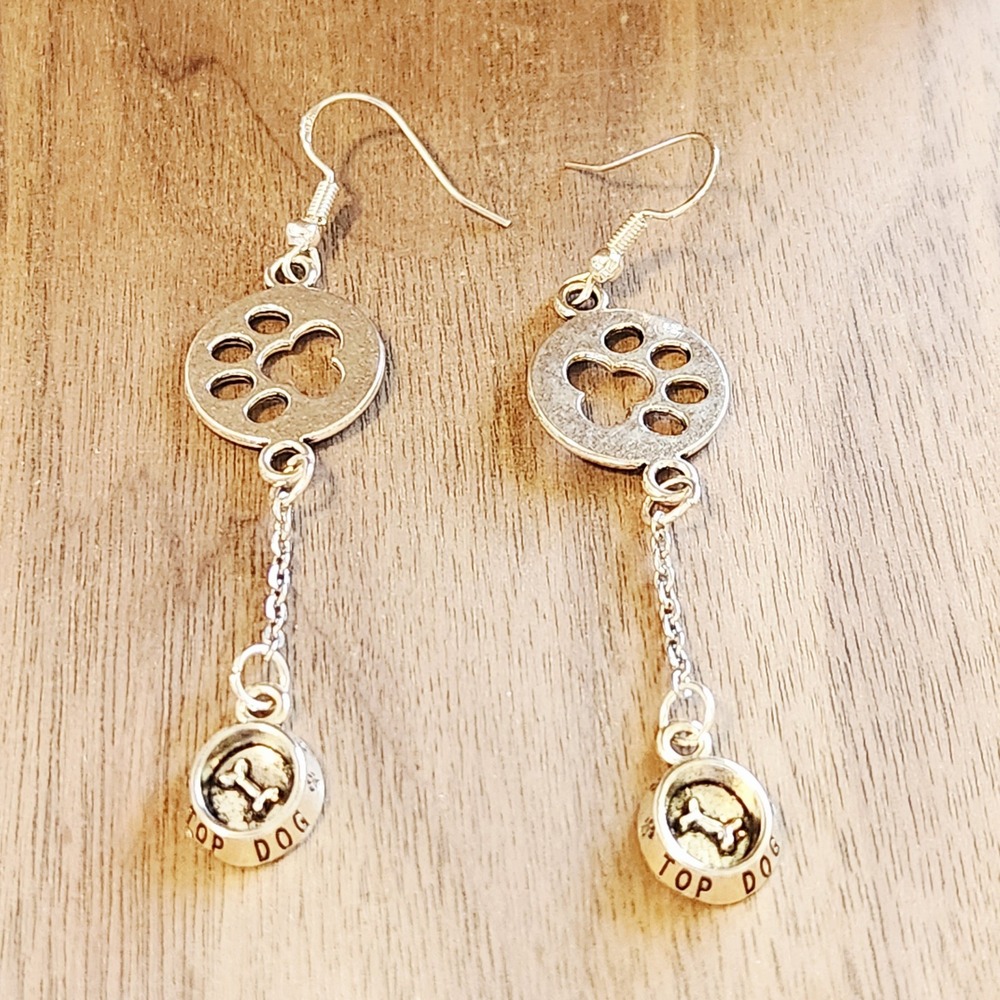 Silver Paw Print Top Dog Bowl Dangle Earrings Puppy Animal Lover Hook Drops - Picture 5 of 6